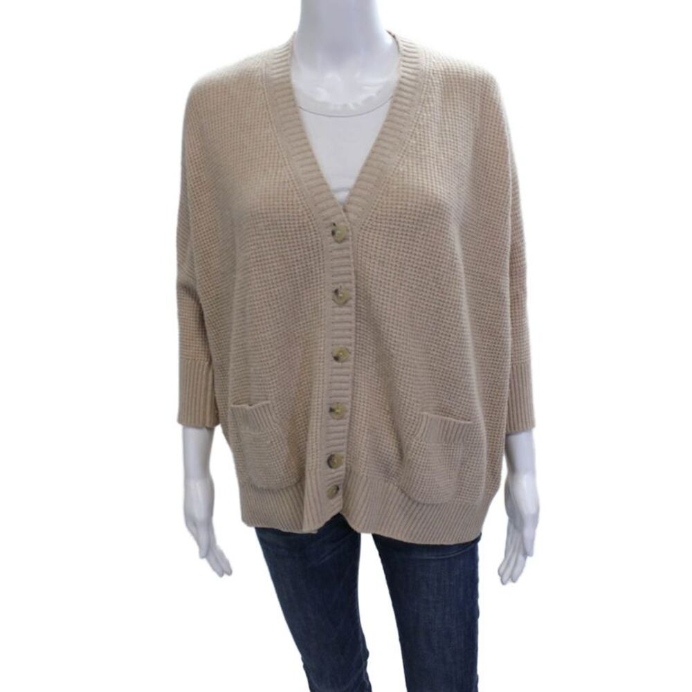 Bruno Manetti Womens Cardigan V-Neck 3/4 Sleeve Beige Acrylic Blend Size M